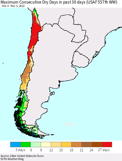 Chile Maximum Consecutive Dry Days in past 30 days (USAF 557th WW) 03/05/2022 Thematic Map For 3/1/2022 - 3/5/2022
