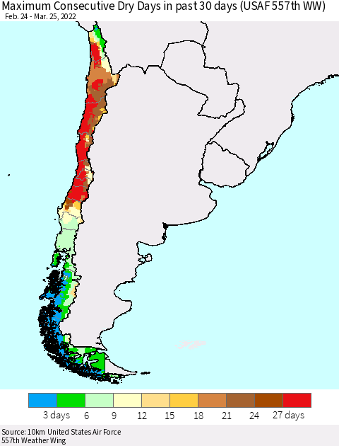 Chile Maximum Consecutive Dry Days in past 30 days (USAF 557th WW) 03/25/2022 Thematic Map For 3/21/2022 - 3/25/2022