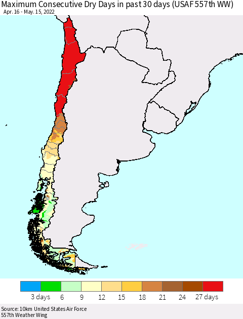 Chile Maximum Consecutive Dry Days in past 30 days (USAF 557th WW) 05/15/2022 Thematic Map For 5/11/2022 - 5/15/2022