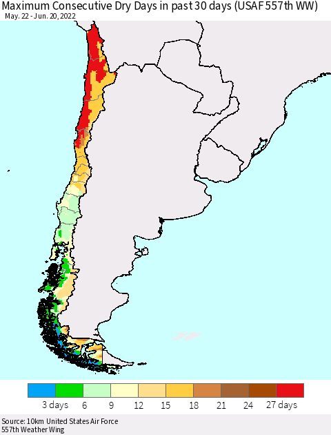Chile Maximum Consecutive Dry Days in past 30 days (USAF 557th WW) 06/20/2022 Thematic Map For 6/16/2022 - 6/20/2022