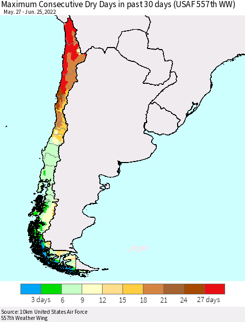 Chile Maximum Consecutive Dry Days in past 30 days (USAF 557th WW) 06/25/2022 Thematic Map For 6/21/2022 - 6/25/2022