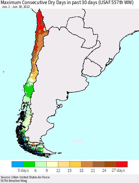 Chile Maximum Consecutive Dry Days in past 30 days (USAF 557th WW) 06/30/2022 Thematic Map For 6/26/2022 - 6/30/2022