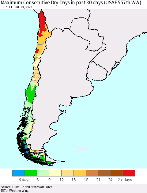 Chile Maximum Consecutive Dry Days in past 30 days (USAF 557th WW) 07/10/2022 Thematic Map For 7/6/2022 - 7/10/2022