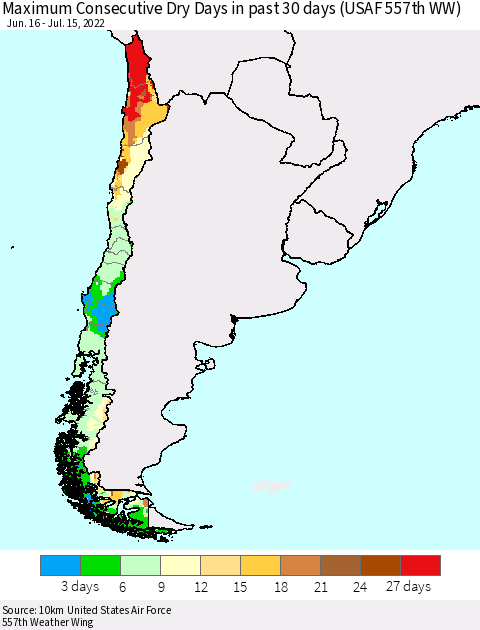 Chile Maximum Consecutive Dry Days in past 30 days (USAF 557th WW) 07/15/2022 Thematic Map For 7/11/2022 - 7/15/2022