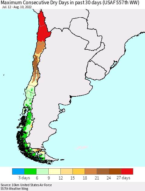 Chile Maximum Consecutive Dry Days in past 30 days (USAF 557th WW) 08/10/2022 Thematic Map For 8/6/2022 - 8/10/2022