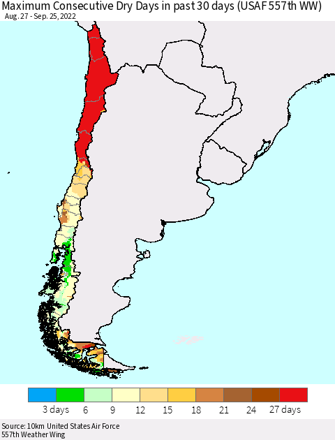 Chile Maximum Consecutive Dry Days in past 30 days (USAF 557th WW) 09/25/2022 Thematic Map For 9/21/2022 - 9/25/2022