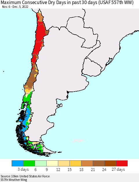Chile Maximum Consecutive Dry Days in past 30 days (USAF 557th WW) 12/05/2022 Thematic Map For 12/1/2022 - 12/5/2022