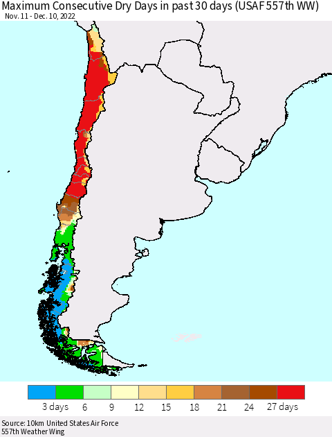 Chile Maximum Consecutive Dry Days in past 30 days (USAF 557th WW) 12/10/2022 Thematic Map For 12/6/2022 - 12/10/2022