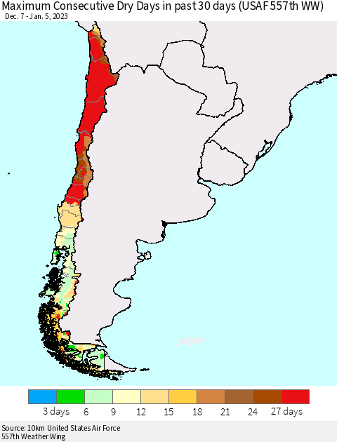 Chile Maximum Consecutive Dry Days in past 30 days (USAF 557th WW) 01/05/2023 Thematic Map For 1/1/2023 - 1/5/2023