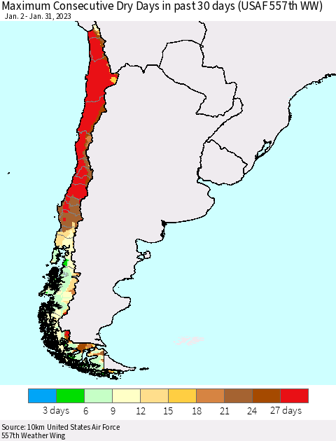 Chile Maximum Consecutive Dry Days in past 30 days (USAF 557th WW) 01/31/2023 Thematic Map For 1/26/2023 - 1/31/2023