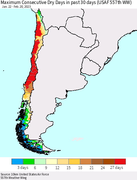 Chile Maximum Consecutive Dry Days in past 30 days (USAF 557th WW) 02/20/2023 Thematic Map For 2/16/2023 - 2/20/2023