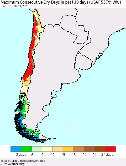 Chile Maximum Consecutive Dry Days in past 30 days (USAF 557th WW) 02/28/2023 Thematic Map For 2/26/2023 - 2/28/2023