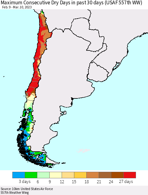 Chile Maximum Consecutive Dry Days in past 30 days (USAF 557th WW) 03/10/2023 Thematic Map For 3/6/2023 - 3/10/2023