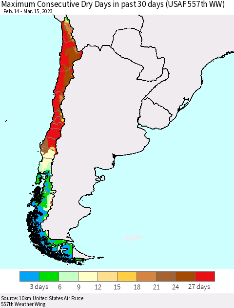 Chile Maximum Consecutive Dry Days in past 30 days (USAF 557th WW) 03/15/2023 Thematic Map For 3/11/2023 - 3/15/2023