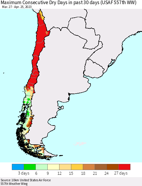 Chile Maximum Consecutive Dry Days in past 30 days (USAF 557th WW) 04/25/2023 Thematic Map For 4/21/2023 - 4/25/2023