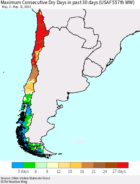Chile Maximum Consecutive Dry Days in past 30 days (USAF 557th WW) 05/31/2023 Thematic Map For 5/26/2023 - 5/31/2023
