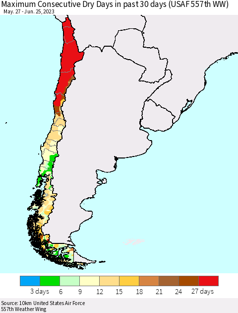 Chile Maximum Consecutive Dry Days in past 30 days (USAF 557th WW) 06/25/2023 Thematic Map For 6/21/2023 - 6/25/2023