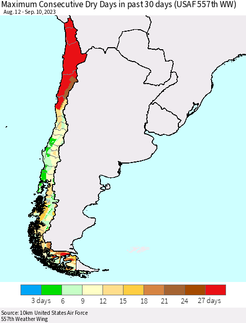 Chile Maximum Consecutive Dry Days in past 30 days (USAF 557th WW) 09/10/2023 Thematic Map For 9/6/2023 - 9/10/2023
