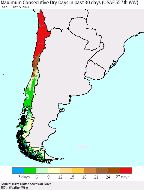 Chile Maximum Consecutive Dry Days in past 30 days (USAF 557th WW) 10/05/2023 Thematic Map For 10/1/2023 - 10/5/2023
