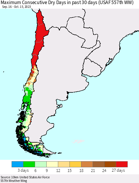 Chile Maximum Consecutive Dry Days in past 30 days (USAF 557th WW) 10/15/2023 Thematic Map For 10/11/2023 - 10/15/2023