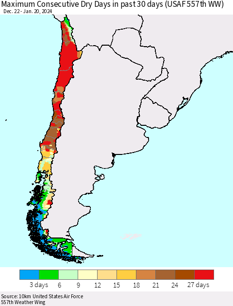 Chile Maximum Consecutive Dry Days in past 30 days (USAF 557th WW) 01/20/2024 Thematic Map For 1/16/2024 - 1/20/2024