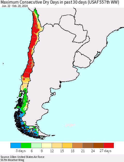 Chile Maximum Consecutive Dry Days in past 30 days (USAF 557th WW) 02/20/2024 Thematic Map For 2/16/2024 - 2/20/2024