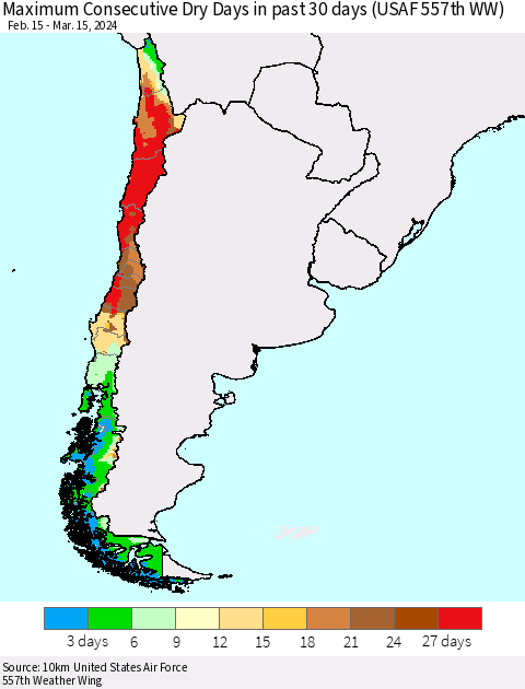 Chile Maximum Consecutive Dry Days in past 30 days (USAF 557th WW) 03/15/2024 Thematic Map For 3/11/2024 - 3/15/2024