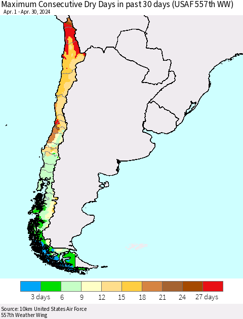 Chile Maximum Consecutive Dry Days in past 30 days (USAF 557th WW) 04/30/2024 Thematic Map For 4/26/2024 - 4/30/2024