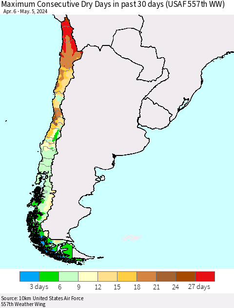 Chile Maximum Consecutive Dry Days in past 30 days (USAF 557th WW) 05/05/2024 Thematic Map For 5/1/2024 - 5/5/2024