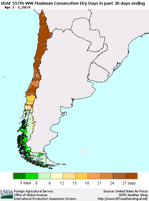 Chile Maximum Consecutive Dry Days in past 30 days (USAF 557th WW) 04/07/2019 Thematic Map For 4/1/2019 - 4/7/2019