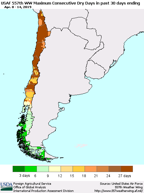 Chile Maximum Consecutive Dry Days in past 30 days (USAF 557th WW) 04/14/2019 Thematic Map For 4/8/2019 - 4/14/2019