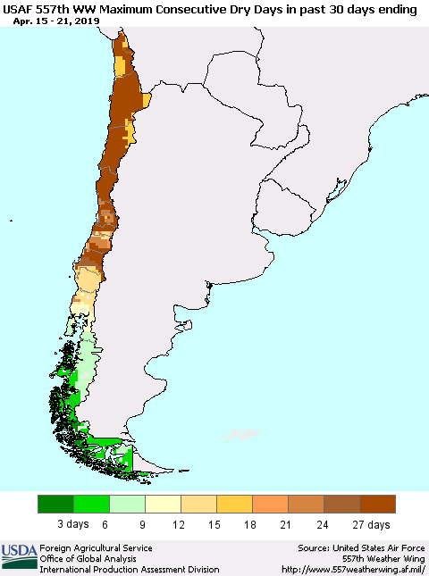 Chile Maximum Consecutive Dry Days in past 30 days (USAF 557th WW) 04/21/2019 Thematic Map For 4/15/2019 - 4/21/2019