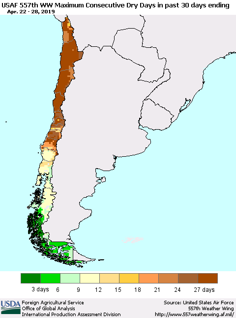 Chile Maximum Consecutive Dry Days in past 30 days (USAF 557th WW) 04/28/2019 Thematic Map For 4/22/2019 - 4/28/2019