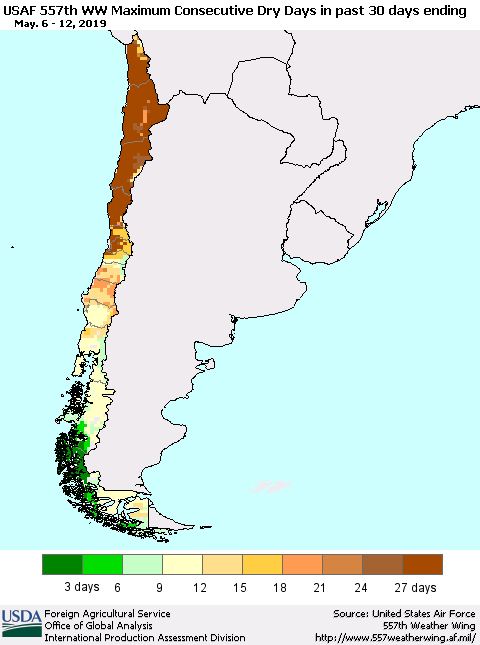 Chile Maximum Consecutive Dry Days in past 30 days (USAF 557th WW) 05/12/2019 Thematic Map For 5/6/2019 - 5/12/2019