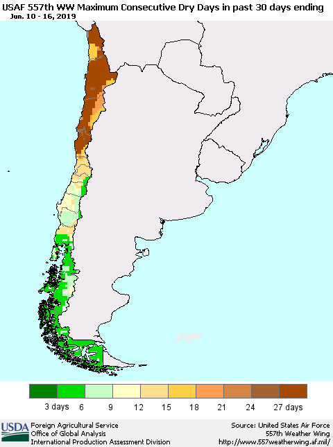 Chile Maximum Consecutive Dry Days in past 30 days (USAF 557th WW) 06/16/2019 Thematic Map For 6/10/2019 - 6/16/2019