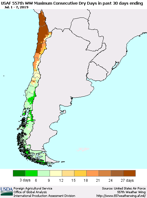 Chile Maximum Consecutive Dry Days in past 30 days (USAF 557th WW) 07/07/2019 Thematic Map For 7/1/2019 - 7/7/2019