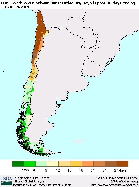 Chile Maximum Consecutive Dry Days in past 30 days (USAF 557th WW) 07/14/2019 Thematic Map For 7/8/2019 - 7/14/2019