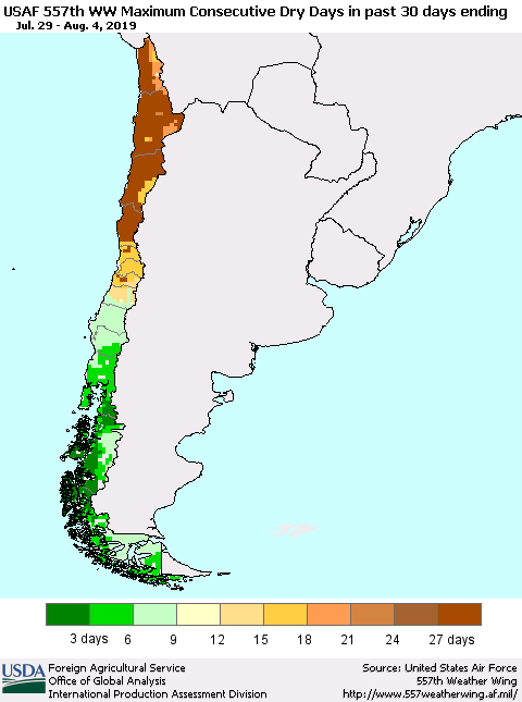 Chile Maximum Consecutive Dry Days in past 30 days (USAF 557th WW) 08/04/2019 Thematic Map For 7/29/2019 - 8/4/2019