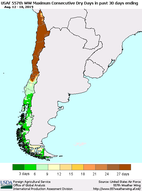 Chile Maximum Consecutive Dry Days in past 30 days (USAF 557th WW) 08/18/2019 Thematic Map For 8/12/2019 - 8/18/2019