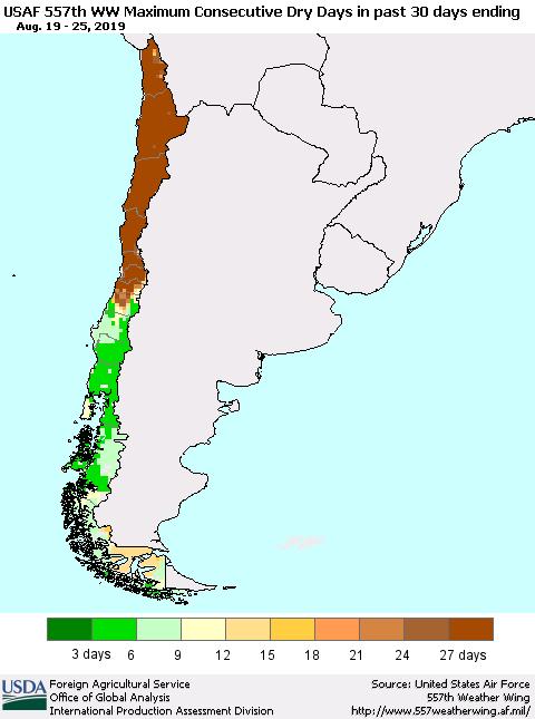 Chile Maximum Consecutive Dry Days in past 30 days (USAF 557th WW) 08/25/2019 Thematic Map For 8/19/2019 - 8/25/2019