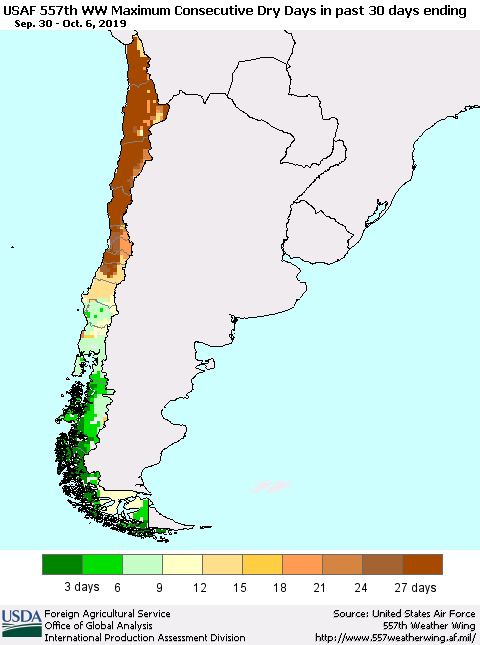 Chile Maximum Consecutive Dry Days in past 30 days (USAF 557th WW) 10/06/2019 Thematic Map For 9/30/2019 - 10/6/2019