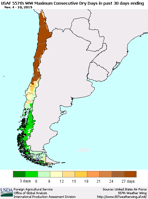 Chile Maximum Consecutive Dry Days in past 30 days (USAF 557th WW) 11/10/2019 Thematic Map For 11/4/2019 - 11/10/2019