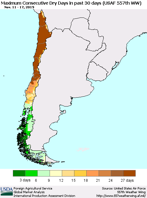 Chile Maximum Consecutive Dry Days in past 30 days (USAF 557th WW) 11/17/2019 Thematic Map For 11/11/2019 - 11/17/2019