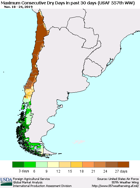 Chile Maximum Consecutive Dry Days in past 30 days (USAF 557th WW) 11/24/2019 Thematic Map For 11/18/2019 - 11/24/2019