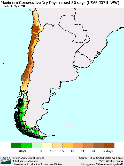 Chile Maximum Consecutive Dry Days in past 30 days (USAF 557th WW) 02/09/2020 Thematic Map For 2/3/2020 - 2/9/2020