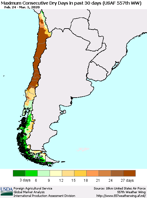 Chile Maximum Consecutive Dry Days in past 30 days (USAF 557th WW) 03/01/2020 Thematic Map For 2/24/2020 - 3/1/2020