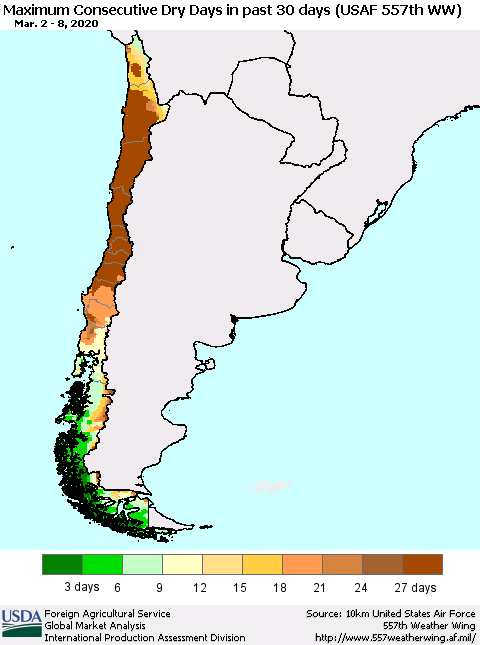 Chile Maximum Consecutive Dry Days in past 30 days (USAF 557th WW) 03/08/2020 Thematic Map For 3/2/2020 - 3/8/2020