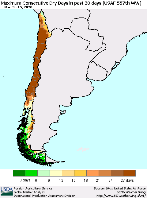 Chile Maximum Consecutive Dry Days in past 30 days (USAF 557th WW) 03/15/2020 Thematic Map For 3/9/2020 - 3/15/2020
