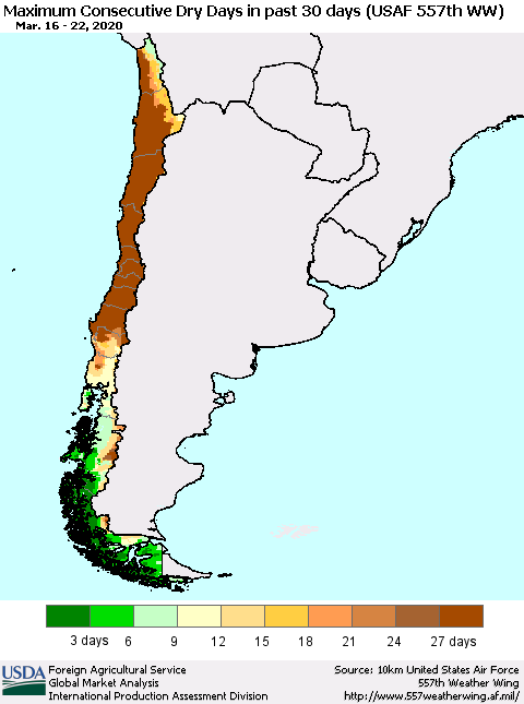 Chile Maximum Consecutive Dry Days in past 30 days (USAF 557th WW) 03/22/2020 Thematic Map For 3/16/2020 - 3/22/2020