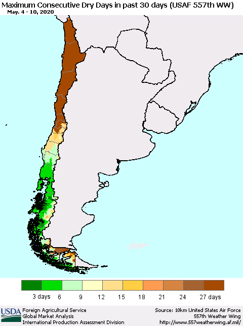Chile Maximum Consecutive Dry Days in past 30 days (USAF 557th WW) 05/10/2020 Thematic Map For 5/4/2020 - 5/10/2020